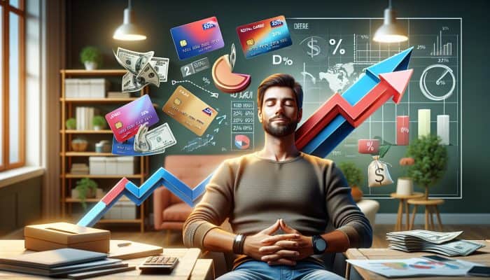 Debt Consolidation for Store Card Balances: Key Tips | DCL UK person in cozy office consolidates colorful store cards into loan; graphs show rates dropping from 25% to 10%, symbolizing financial freedom.