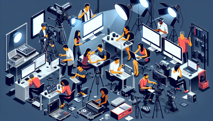 A bustling video production studio in Ferndown, UK, with professionals reviewing scripts and editing footage on computers, surrounded by cameras and lights.