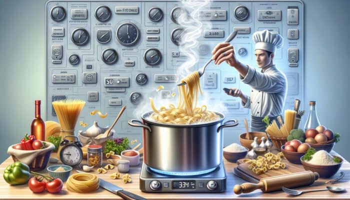 A busy kitchen scene with a pot of boiling pasta, a ticking timer, a chef testing for al dente, and fresh ingredients.