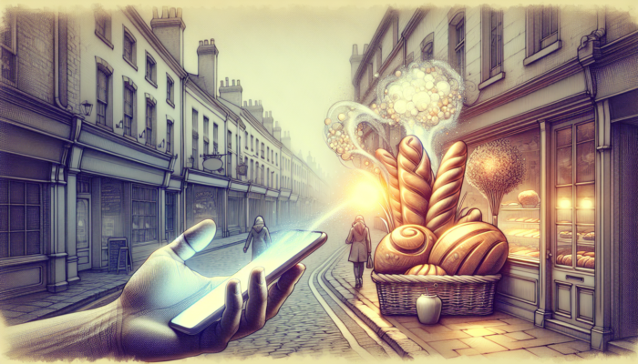 Vibrant Yeovil street scene with a cozy bakery displaying fresh bread; person viewing smartphone showing business hours, menu, and customer reviews.