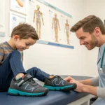 A young boy sits on an exam table in a doctor’s office, smiling as a pediatric orthopedic specialist in scrubs examines his barefoot footwear. Medical anatomy posters are visible on the wall behind them.