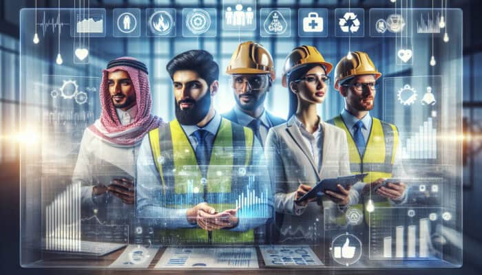 In a modern office, a diverse team analyzes health and safety data on digital screens, surrounded by charts, reports, and safety symbols.