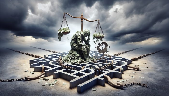 A weary person entangled in oversized banknotes and chains labeled "High Interest" and "Extended Repayment," at a foggy crossroads with a broken debt scale under a stormy sky.