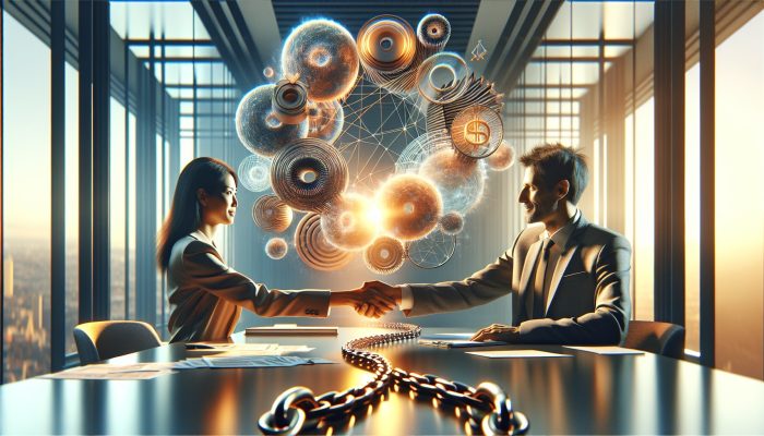 Joint Debt Consolidation for Unmarried Couples | DCL Two partners shaking hands at a desk with financial documents, as tangled debt chains merge into a golden link in a sunlit office.