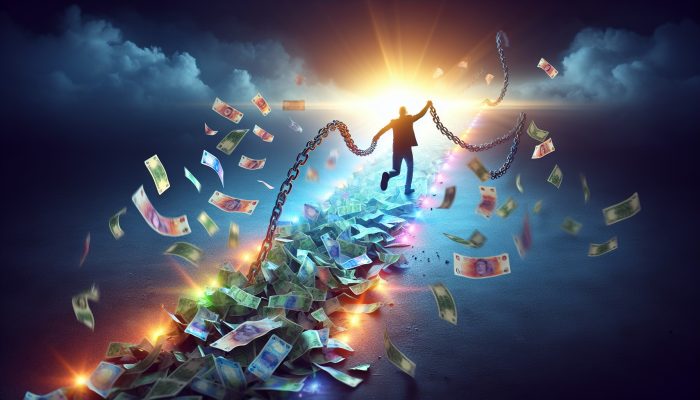 Consolidating Payday Loans: UK Rules: Key Strategies | DCL A person breaking free from tangled chains of banknotes and loans, merging into a glowing path toward financial stability and rising credit scores.