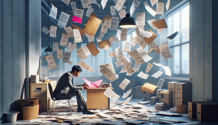 Stressed professional at cluttered desk merges bills and pink slip into glowing folder, symbolising debt consolidation after job loss in hopeful office.