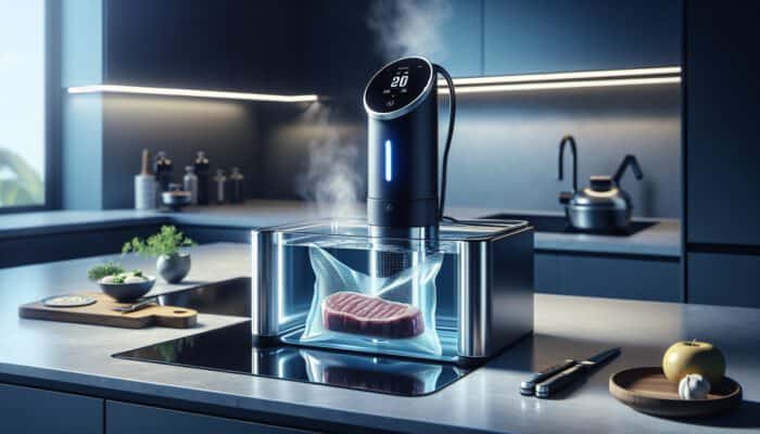 A sous vide immersion circulator in a modern kitchen displays 135°F, with a submerged steak bag and glowing blue lights.