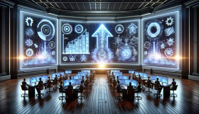 A dynamic digital dashboard in a modern control room shows real-time PPC analytics with glowing charts, upward-trending graphs, and holographic screens.