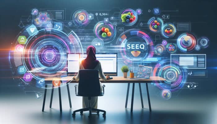 A focused analyst at a sleek desk, surrounded by floating holographic keywords, reviewing SEO graphs on multiple screens.