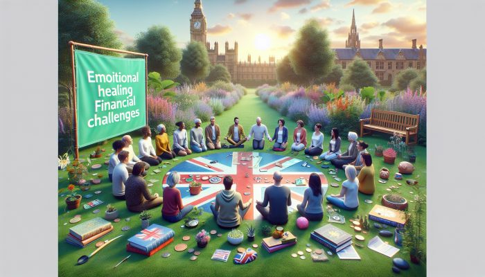 Emotional Impact of Debt and How to Cope: Coping Tips | DCL A serene British garden with a diverse group in a supportive circle, surrounded by therapy books, financial charts, and mental health icons, symbolising emotional recovery and resilience.