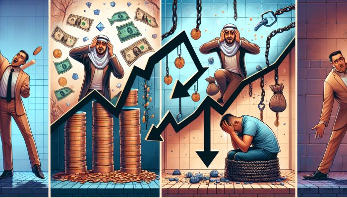 Debt Consolidation vs Debt Relief Orders: Pros and Cons | DCL Illustration of debt consolidation outcomes: one side shows a relieved person escaping debt chains with growing savings; the other depicts a stressed individual trapped in overspending.
