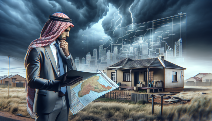 Investor in Vereeniging examines zoning maps and a dilapidated house with hidden flaws under a stormy sky, symbolizing property risks.