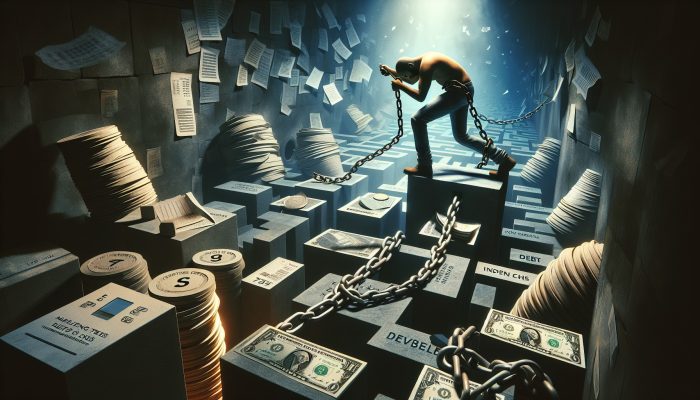Consolidating Catalogue Debt in the UK: Essential Tips | DCL Weary borrower navigates shadowy financial maze, dodging traps labeled "Setup Fees" and "Extended Terms," with debt chains amid swirling papers and coins.