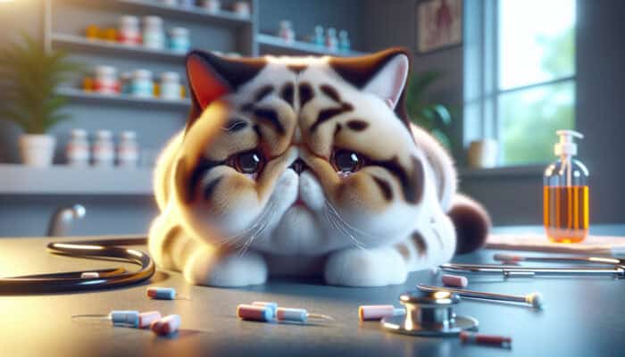 Exotic Shorthair cat with flattened face, struggling to breathe, watery eyes, tense posture in veterinary clinic with medical tools.