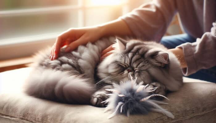 Lethargic grey Exotic Shorthair cat curled on a cushion, ignoring feather toy, as owner pets it in a sunlit room.