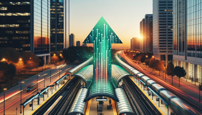 Bustling urban street with a modern subway station, high-rise apartments, upward green arrows symbolizing rising property values under a sunset sky.