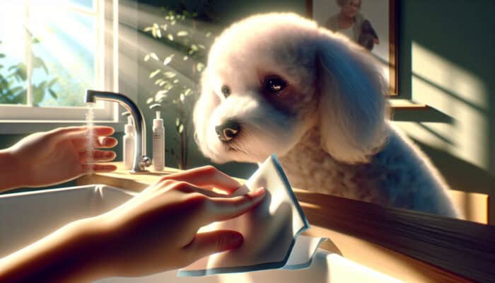 Close-up of a gentle owner wiping tear stains from a fluffy white dog's face with pet-approved wipes in a sunlit bathroom, showing calm eyes.