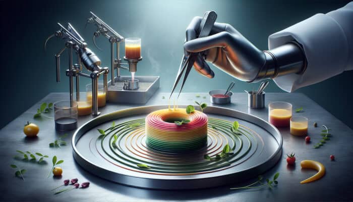 How to Plate Food Like a Chef: Kitchen counter with tweezers placing a vibrant herb, ring mould shaping colorful layers, and squeeze bottle creating sauce patterns in soft light.