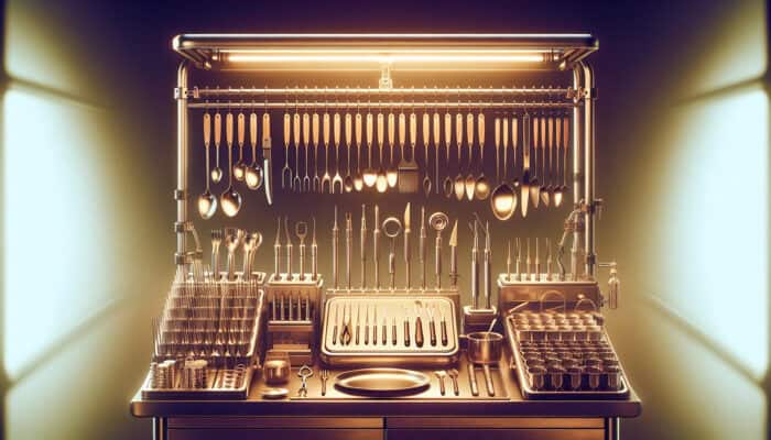 A well-organized culinary workspace with a hanging rack holding tweezers and spoons in protective cases under warm lighting.