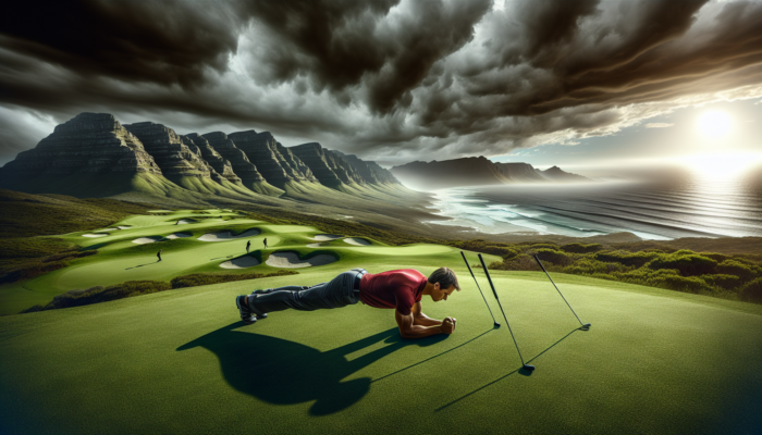 Focused golfer performs planks and rotational swings on lush Western Cape course under stormy skies and ocean vistas.