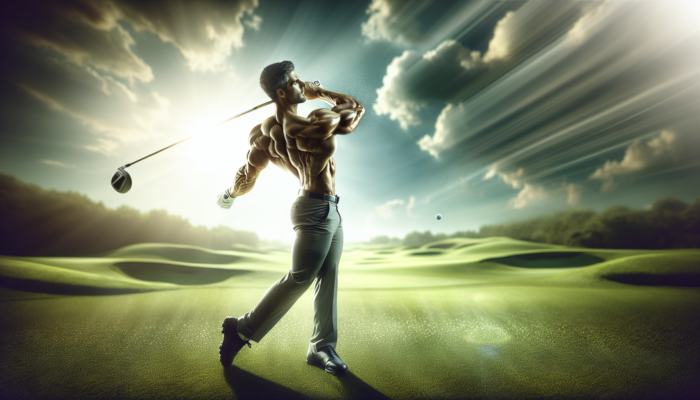 Muscular golfer mid-swing on a sunlit fairway, showing defined arms and core for enhanced golf performance.