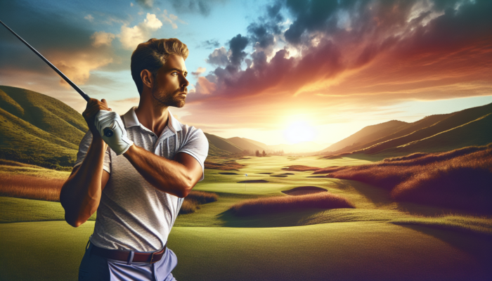 A focused golfer practices swings on a lush KwaZulu-Natal course at sunset, showing calm determination amid scenic hills.