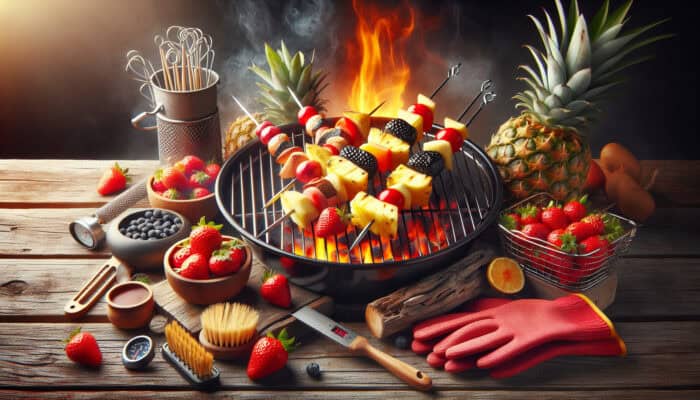 How to Grill Fruit for Desserts: Flaming charcoal grill with metal skewers of pineapple and strawberries, berry-filled basket, gloves, brush, and thermometer on a wooden table.