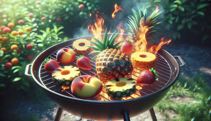 Fresh fruits like pineapple, peaches, and strawberries sizzling on a grill, with caramelized edges and aromatic smoke in a sunny garden.