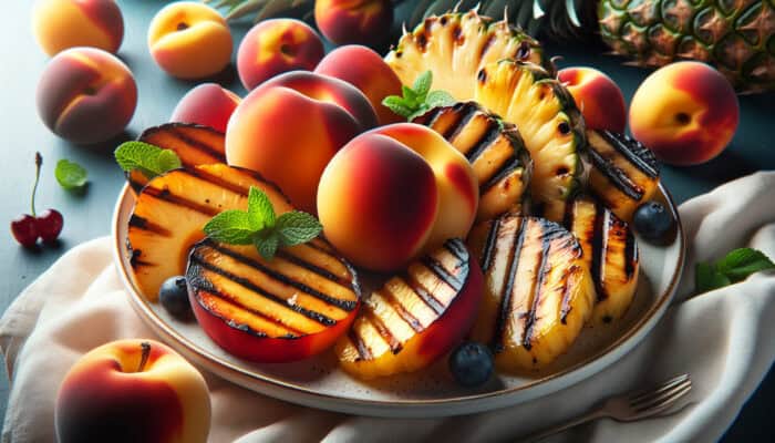 Close-up of perfectly grilled peaches and pineapples with char marks, caramelized colors, and grill lines on a dessert plate.