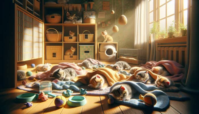 Kittens curled up asleep in a sunlit nursery surrounded by soft blankets, toys, and water bowls, showing the importance of 12-16 hours of sleep for health.