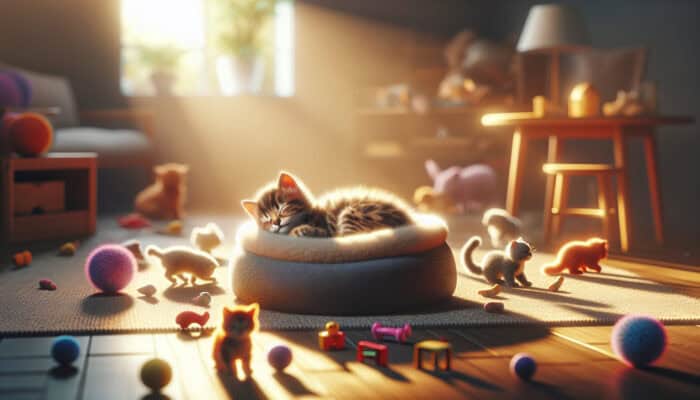 A playful kitten curled in a cozy bed with scattered toys in a sunlit room, transitioning from sleep to exploration as it matures.