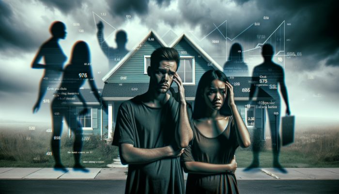 A stressed young couple, first-time buyers, stand outside a suburban house surrounded by shadowy hidden costs under a stormy sky.
