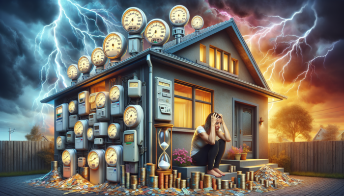 Illustration of a modern house in Carletonville with overflowing utility meters, rising bill graphs, and a worried owner reviewing a budget under a stormy sky.