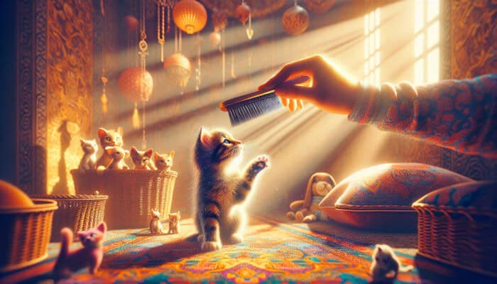 A gentle owner patiently brushes a curious kitten with a soft brush in a sunlit room filled with toys and cushions.