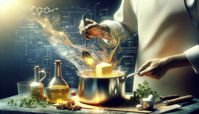 A skilled chef in a sunlit kitchen melts butter, skims foam, and strains it into a jar with fresh herbs.