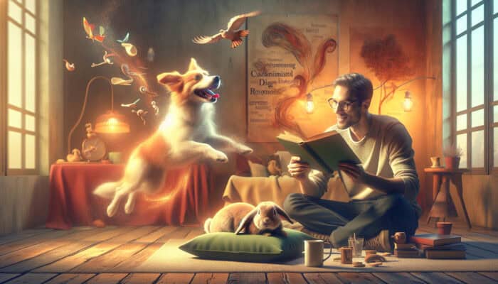 In a cozy living room, a caregiver reads an adventure story to an excited leaping dog and a gentle tale to a calm nesting rabbit.