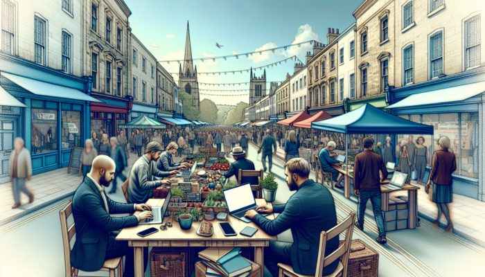 Small business owners in Frome engaging with social media during community events, showcasing banners and UK architecture under sunny skies.