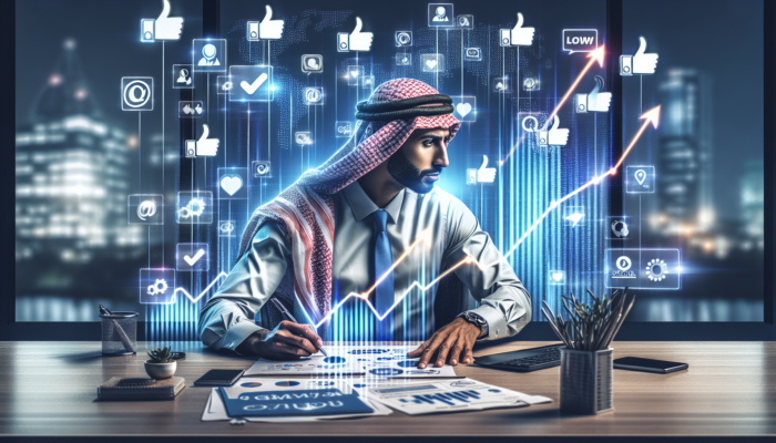 A focused small business owner in a contemporary office, strategizing with glowing social media screens displaying growth charts and rising follower icons.