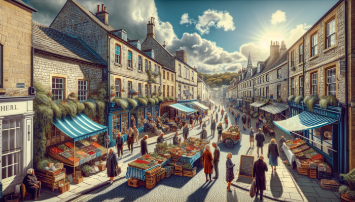 A lively Frome street scene: local business owners engaging with customers using digital polls and chats at market stalls, surrounded by historic buildings and cheerful crowds.