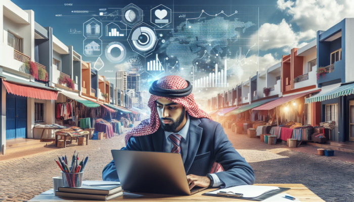 A researcher in Kimberley analyzes property trends on a laptop, surrounded by charts, maps, and documents, with modern homes and market stalls in the background.