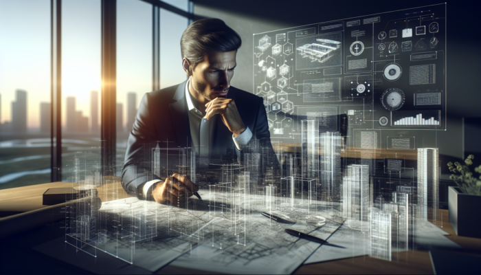 A focused real estate negotiator reviews blueprints and charts in a modern office, with a city skyline and warm lighting.
