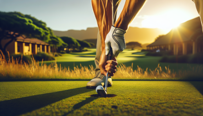 A South African golfer at Fancourt Estate showcasing a balanced stance with an interlocking grip under golden sunlight on lush greens.