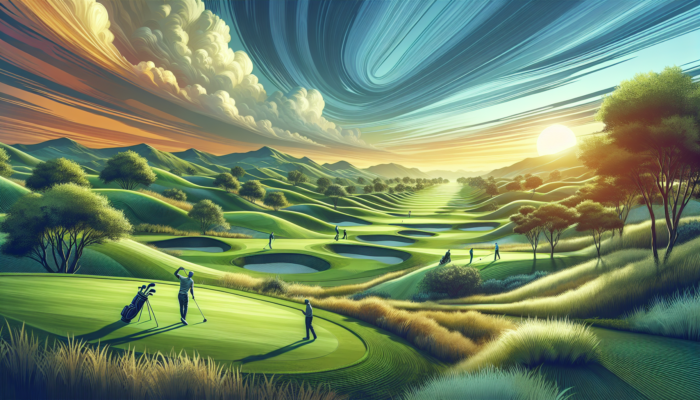 Vibrant Zebula Golf Course with lush irrigated fairways, golfers on pristine greens, and efficient drainage under a dynamic sky.