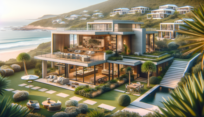 Modern mid-level home in Plettenberg Bay, featuring coastal architecture, spacious interiors, lush gardens, and ocean views.