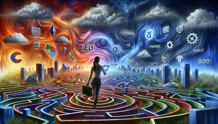 A determined business owner in Westbury navigates a chaotic digital maze of swirling SEO algorithms and fluctuating graphs under stormy Google update skies.