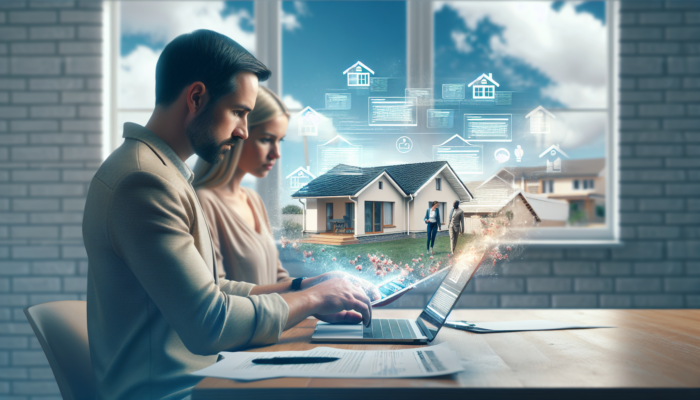 In Makhanda, a young buyer and real estate agent view property listings on a laptop while inspecting a sunny home exterior.