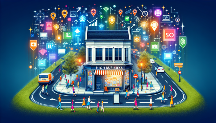 Illustration of Patchway high street with a small business storefront topping Google results, SEO keywords and arrows drawing in customers.