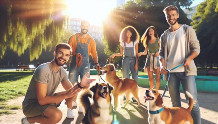 Diverse volunteers joyfully training various dog breeds in a sunny park, using leashes and treats to build meaningful bonds.