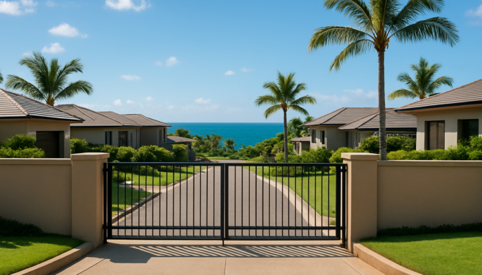 Modern gated estate in Ballito with secure fencing, palm trees, and ocean views.