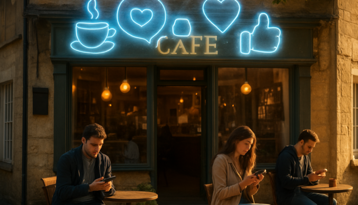 Charming café storefront in Cirencester featuring holographic "best coffee Cirencester" keywords, social media icons, and customers engaging with their phones.